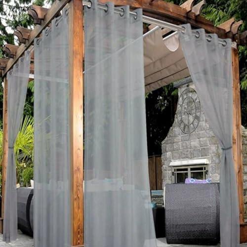FaceYee Voilage semi-transparent imperméable pour balcon, fenêtre, porche, pergola, cabane, tonnelle, auvent avec œillets - Un panneau - Gris - 132 x 213 cm