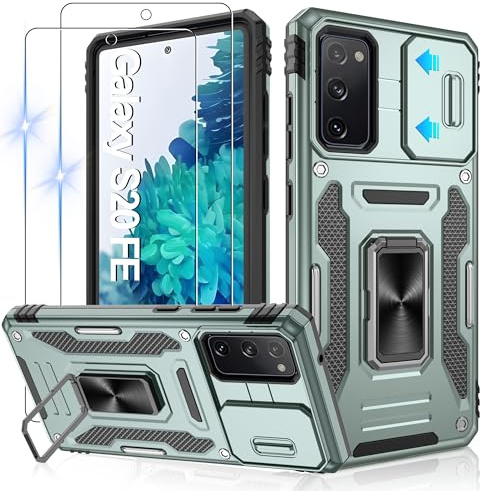 Jshru für Samsung S20 FE 5G Handyhülle Kameraschutz mit 2 STK Schutzfolie S20FE hülle Militärqualität Fallschutz Case 360° Metall Ring Ständer Schutzhülle für GalaxyS20 FE,Alpengrün
