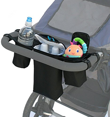 JL Childress Cups 'N Cool Deluxe Stroller Console (Black) | Buggy organiser with cup holder, insulated bottle compartment and storage pockets; straps to any stroller handlebar