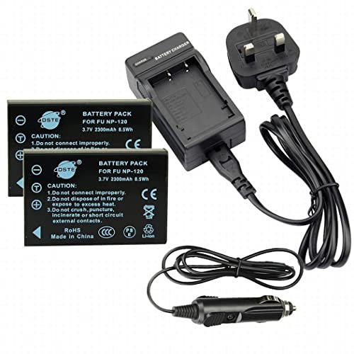 DSTE (2 Pack) NP-120 Rechargeable Li-ion Battery + DC29U Travel and Car Charger Compatible with Fujifilm FinePix F10 Zoom,F11 Zoom,M603,M603 Zoom Camera as PENTAX D-LI7 RICOH DB-43 KYOCERA BP-1500S