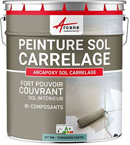 Peinture carrelage, sol, résine, pour recouvrir, faïence et carreaux : Arcapoxy sol carrelage - 1 kg (jusqu'à 5 m² en 2 couches) Turquoise Pastel - RAL 6034 - ARCANE INDUSTRIES