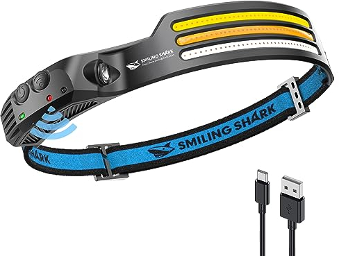 Smiling Shark Stirnlampe, 230°Wide Angle 3*Farben LED-Streifen die Hellste Headlight Wiederaufladbar mit Wasserdichte Kopflampe Camping Joggen Angeln, Stirnlampe-LED-Headlight-Camping-Kopflampe