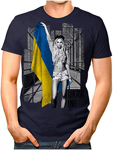 OM3® - Ukraine-Soccer-Girl - Herren T-Shirt Fan Support Fußball Trikot Sexy Frau Ukrajina Vintage Weiß M