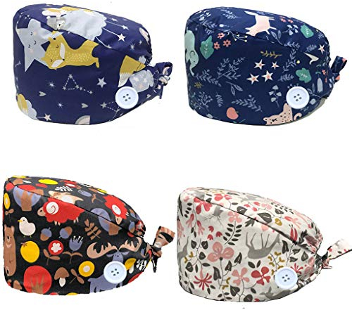 crazy bean 4 Pezzi Cappello Scrub Turbante Elastico Annodato Berretto Cappello Cappello in Cotone Unisex con Fascia Sudore Stampati Colorati Cappello Turbante con Bottone