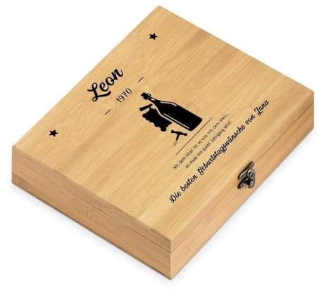 Maverton Weinöffner-Set personalisiert Weinset Sommelier Set - Geschenkbox Holzbox + 6er Weinzubehörset - aus Bambus - Braun - Geschenk zum Geburtstag für Männer - Geburtstagswünsche