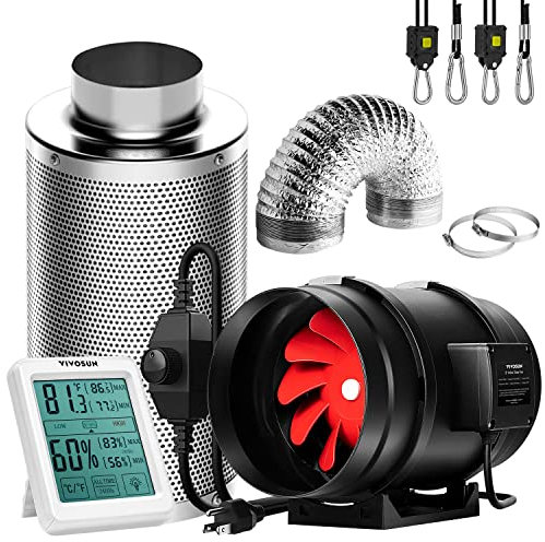 VIVOSUN Inline-Rohrventilator 200mm Abluftventilator 1223m³/h mit Drehzahlregler 200mm Aktivkohlefilter 760mm Luftkanal Temperatur-Luftfeuchtigkeitsmesser für Growzelt, Growzelt und Gewächshaus