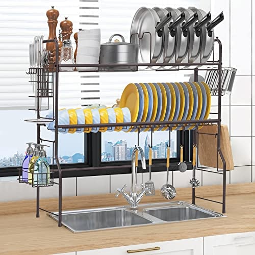 2-Tier Over Sink Dish Drying Rack Kitchen Metal Dish Drainers Shelf Sink Organize Stand Shelf for Countertop Organizer Storage, Bronze