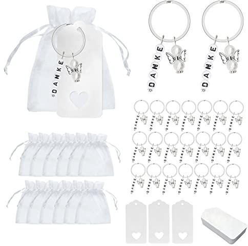 Herbst Danke Schutzengel Anhänger, 30 Stück Gastgeschenk Taufe mit Weiße Perle Schutzengel Schlüsselanhänger Weißer Kartenanhänger Organza Beutel Weißes Schleife für Babydusche Hochzeit Weihnachten