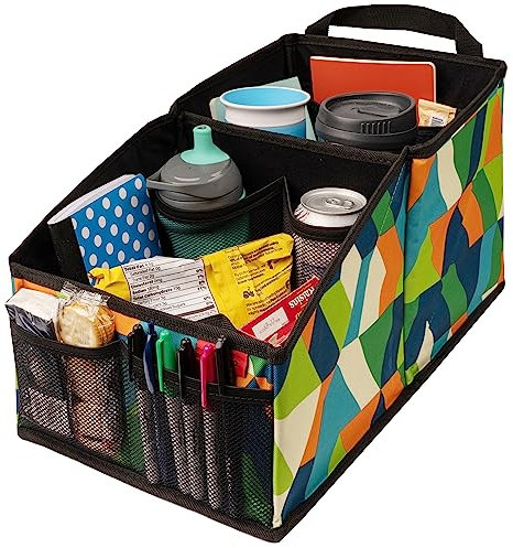 Lusso Gear Autositz-Organizer für Vorder- oder Rücksitz, ideal für Erwachsene und Kinder, mit 9 Ablagefächern für Spielzeug, Zeitschriften, Taschentücher, Karten, Bücher, Dokumente (geometrisch)