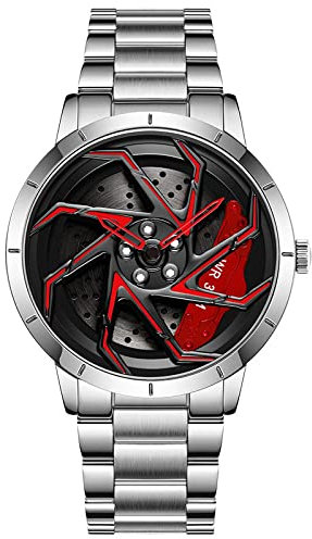 Herren Uhr Kreativ Armbanduhren,Autorad Felgennabenuhr,Auto Rad Felgen Nabe Uhr, Männer Sport Wasserdicht Custom Design Armbanduhr,3D Auto Rad Felge Nabe Quarz Herrenuhr (D-StahlbandSilber+rot)