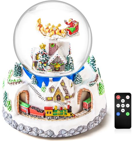 Musical Rotating Santa Claus Flying Over Village,Automatic Snowfall,Train, Christmas Snow Globe Music Box Gifts, for Women Wife Mom Girlfriend Daughter, Xmas Present,Plays 48 Classic Christmas Carols
