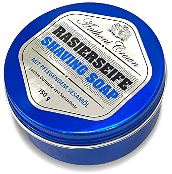 Anthoni Crown feste Rasierseife 150 g, Dose reicht für etwa 5 Monate, Reisegröße, mit beruhigendem Sesamöl, neutrales Parfum von frischer Seife, nachhaltiges Palmöl, RSPO-Mitglied, Made in Germany