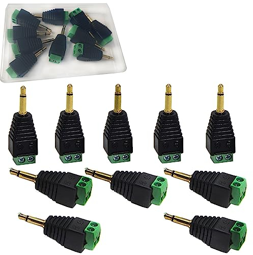 RUNCCI-YUN 10 Stück 3,5 mm Klinkenstecker 3,5mm Audiostecker TS Mono Stecker zu 2 Pin Schraubklemmen Buchse AUX Kopfhörer Balum Konverter 3.5 mm Terminal Block Klinkenstecker Lötfreier Vergoldet
