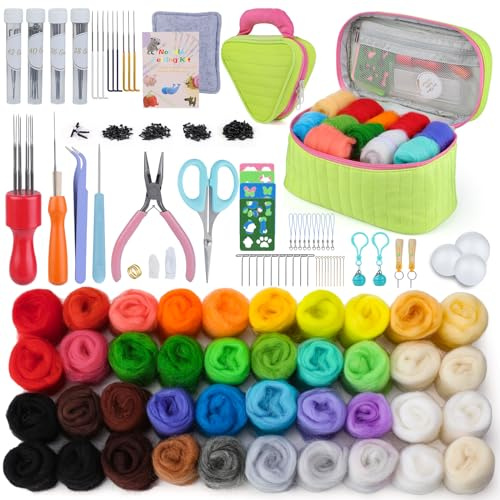 Needle Felting Kit for Beginners, Wool Roving 40 Rolls, Felting Needles, Needle Felting Tools Kit with Spiral, Cone, Triangle Felting Needles,Wool Felting Pad, Felting Supplies