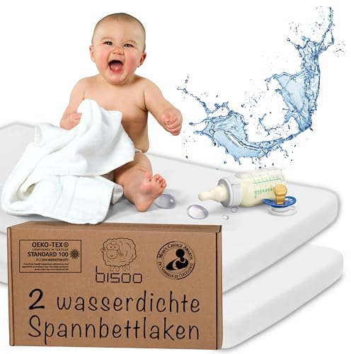 Bisoo Spannbettlaken Beistellbett 90x55 - wasserdichte Bettlaken Matratzenschoner Baby 100% Baumwolljersey Öko-Tex Zertifikat - Kompatibel Kindercraft Fabimax- 2 Stück Set Weiß 55x90