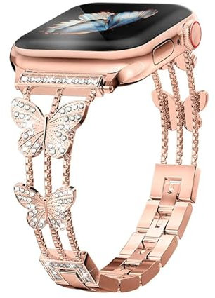 Soyeacrg Kompatibel mit Apple Watch Band 49 mm 45 mm 44 mm 42 mm 41 mm 40 mm 38 mm, Frauen Schmuck Bling Diamond Butterfly Band für iWatch SE Serie 9 8 7 6 5 4 3 2 1 Ultra 1 2,Rose Gold,38/40/41mm