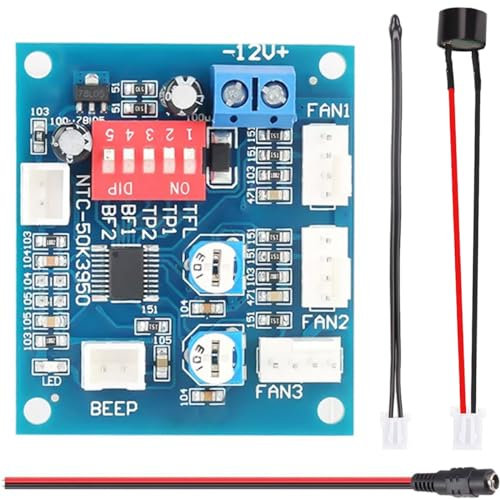 DAOKAI DC 12V Four 3 Channels Wire Thermostat PC Fan Temperature Speed Controller CPU High-Temp Buzzer Alarm Module (Mainboard + Small Speaker + Probe) - 9A Max Current - PWM Fan Module
