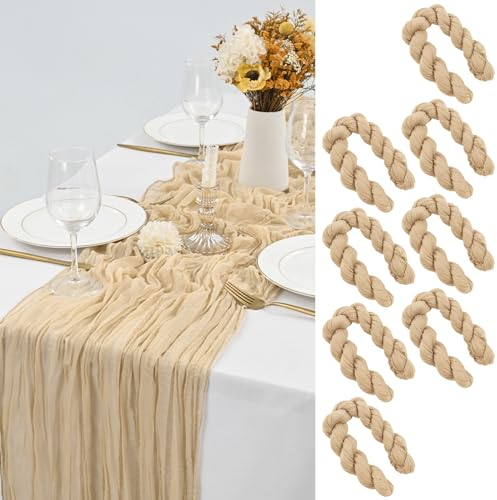 8 Stück Käsetuch Tischläufer Beige, 90 x 300 cm Seihtuch Tischläufer Waschbares Gaze-Stoff Boho Tischläufer Cheesecloth Tischdekor für Hochzeit Brautparty Empfang Festival im Freien Dekor