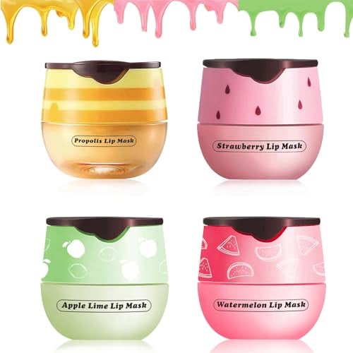 TITIMORE 4Pcs Bee Balm Lip Balm Honey Pot,Honey Lip Mask,Propolis Moisturizing Lip Sleeping Mask Reduces Lip Lines,Hydrating Prevention Dry and Cracked Lip Scrubs Exfoliator Honeybalm