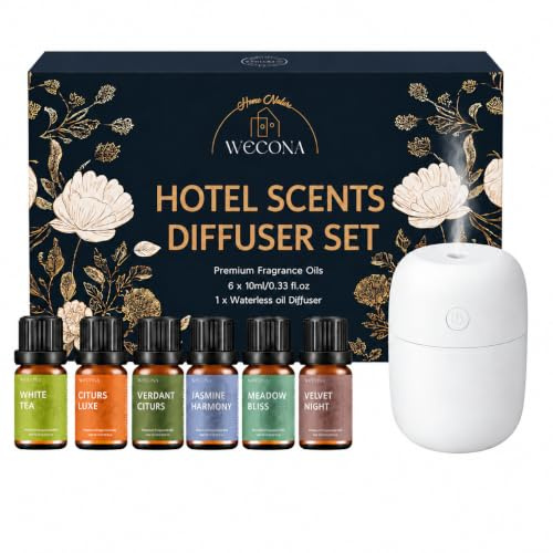 WECONA Aroma Diffuser Kabellos Set, Wasserloser Diffuser + 6 Öle | Aroma Diffuser ohne Wasser, Raumduft Diffuser, 6 Hotel Duftöle, Akku, Zuhause, Büro, Bad & Schlafzimmer
