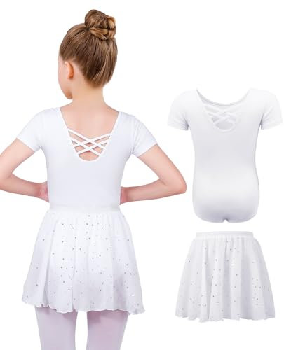 MYSSUCI Ballettkleidung Mädchen Ballettkleid Kinder Kurzarm Baumwolle Ballettanzug Tanzbody Tanzkleid mit Chiffon Rock Tütü 3-11Jahre (Weiß, 130)