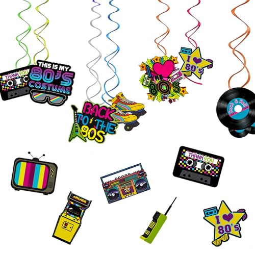 34 Stück 90er Party Dekorationen, 90er Jahre Party Luftschlangen Geburtstag HäNgende Wirbel Deko 90er Hippie Rock Neon Party Deko Spirale Party Dekoration für Disco Retro Partybedarf