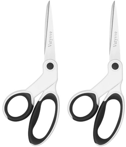 Vutyvve Tijeras de tela para zurdos, juego de 2 tijeras de acero inoxidable de 8 pulgadas con empuñaduras suaves para el hogar, escuela, oficina, tela de costura, blanco/negro