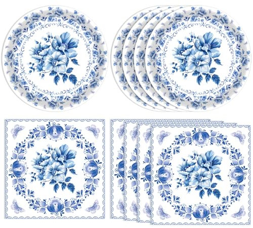 Lot de 40 décorations d'anniversaire florales bleues et blanches jetables sur le thème des fleurs bleues et blanches - Assiettes et serviettes de table - Fournitures de fête pour mariage, fête