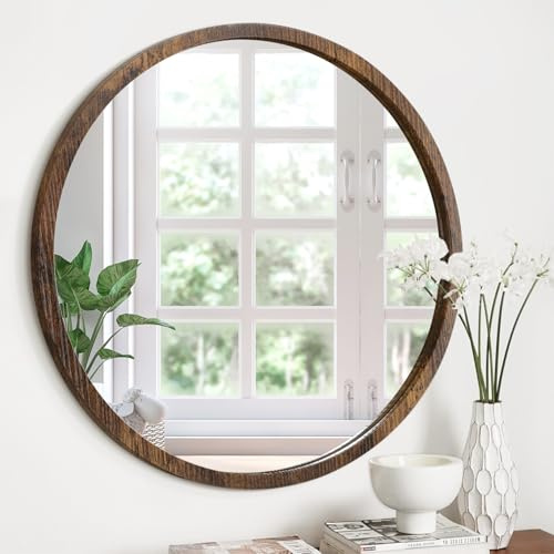 JJUUYOU Wandmontierter Kreisspiegel, rund, 30 cm, Vintage-Spiegel mit Holzrahmen, ideal für Badezimmer, Wohnzimmer, Schlafzimmer, Waschraum, Schlafsaal, rustikales Braun