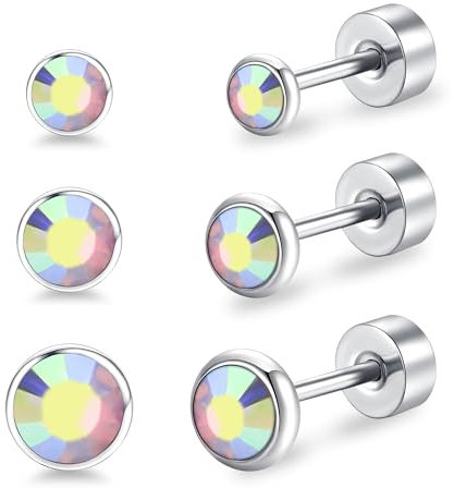 Artskin Damen Ohrstecker Titan Mädchen Frauen Flatback Ohrringe Hypoallergen Kristall Herren Ohrringe Silber Knorpel Ohrring 3mm/4mm/5mm (AB)