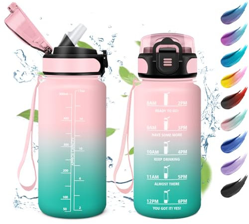 Gourde Enfant 500ml, Étanche et Réutilisable, Gourde Motivation, Bouteille d'eau avec Marqueur de Temps et Paille, Bouteille pour Enfant, Voyage, Yoga, Bureau, Gym, l'école, Cyclisme, Camping