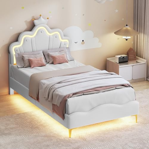 Kinderbett 90x200 cm, Weiß Polsterbett, Prinzessinnenbett, Jugendbett, Mädchen Bett, Einzelbett mit LED-Beleuchtung, Lattenrost und Krone Kopfteil, weiche Polsterung aus PU-Leder für Kinder, Jugend