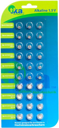 tka Köbele Akkutechnik Knopfzellensortiment: Knopfzellen, 30er-Sparpaket,LR41/ LR43/ LR44/ LR621/ LR626/ LR1130 (Knopfzellen Uhren, Batterien Knopfzellen, Schlüsselfinder)