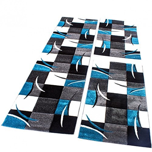Paco Home Bettumrandung Läufer Teppich Kariert in Türkis Grau Schwarz Weiß Läuferset 3 TLG, Grösse:2mal 80x150 1mal 80x300