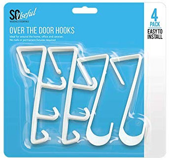 So useful 4 STRONG WHITE PLASTIC OVER THE DOOR HOOKS HANGERS SET IRONING CLOTHES TOWELS