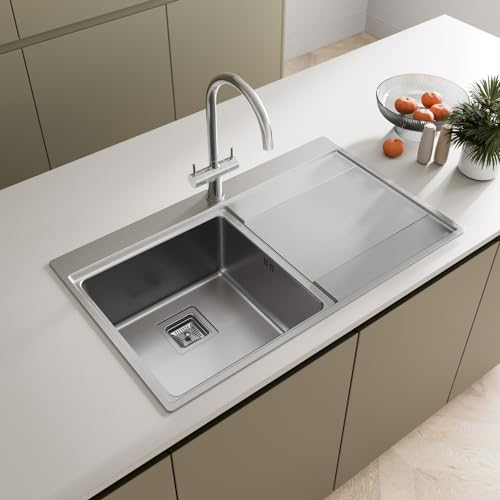SÄUBER® 860 x 520mm Single Bowl Stainless Steel Kitchen Sink, Inset Drop in Installation, Right Hand Drainer,1.0 Bowls Sinks & Free Basket Strainer Waste