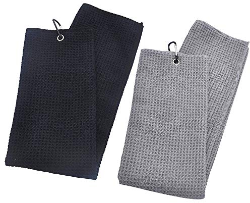 Mirrwin Golfhandtuch Tri-Fold Golf Handtuch Sporthandtuch Golfhandtücher Microfaser Handtücher Passend für Fitness Sport Outdoor Yoga Golf Laufen Fahrrad Schwarz/Grau 2-Teiliges Set