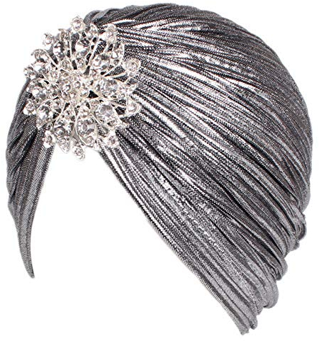 EORUBE Damen Turban Hut mit Kristall Brosche Exotisch Indischer Turban Hut 1920s Damen Fasching Kostüm Accessoires (Brosche Stil 1 - Silber)