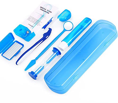 Kieferorthopädische Pflegeset, Hosenträger Set, Tragbares Kieferorthopädische Reinigungsset, V Bürste Mundspiegel Interdentalbürste Zahnseide Zahnwachs, Mundpflege Reiseset mit 8 Stück (Blau)
