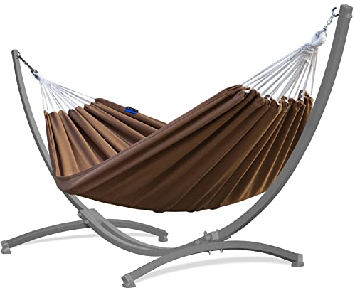 Potenza Outdoor Hängematte mit Gestell für 2 Personen I Baumwolle Doppelhängematte XXL 220x160, 200kg I Hängemattengestell 220kg, wetterfest (Toffee, Gestell Grau)