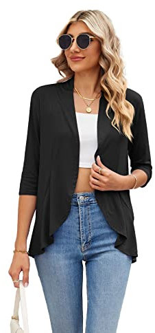 Famulily Cardigans for Women, 3/4 Sleeves Casual Lightweight Soft Open Cardigan for Summer (S, Black)