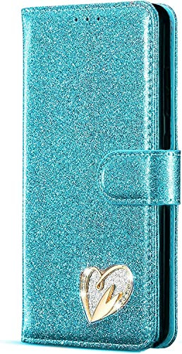 MHtech Case For Apple iPhone X, XS, Phone Case Shiny Leather Bling Glitter Book Flip Stand Card Wallet Protective Cover For iPhone X/XS Phone (Blue)