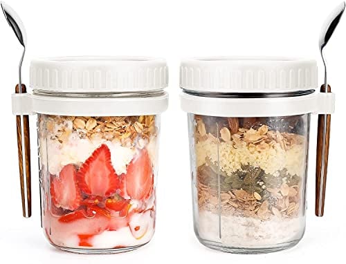 ALINK 2 Pack Overnight Oats Gläser, Overnight Oats Container mit Deckel und Löffel, 296 ml/10 oz Getreide, Milch, Gemüse und Obst Salat Lagerbehälter mit Messmarken (WEISS)