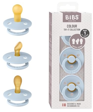 BIBS Colour Try-It Kollektion: 3 Schnuller für die einzigartigen Bedürfnisse Ihres Babys, Kirschform, Symmetrische und Kiefergerechte Sauger. Naturkautschuk/Latex, 0+ Monate (3er Pack), Baby Blue