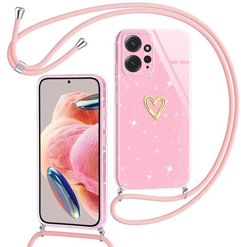 Yichu Coque pour Xiaomi Redmi Note 12 4G avec Cordon, Glitter Silicone Housse avec Collier, Réglable Lanyard Case avec Motif Coeur d'amour, Etui Protection Cover pour Redmi Note 12 4G, Rose