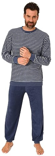 Normann Eleganter Herren Frottee Pyjama Langarm Schlafanzug mit Bündchen in Streifenoptik