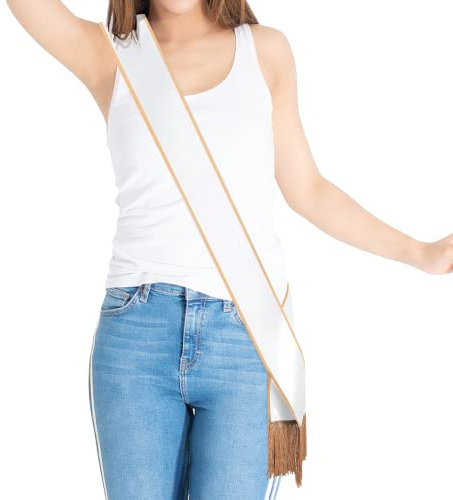 Party to Be Plain Sash with Tassels Blank Satin Sash for Adults 3.9 Wide x 74.8 in Total Length (White with golden border)