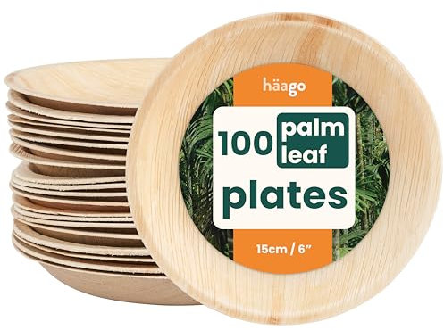 HAAGO 100 Round Eco-Friendly Palm Leaf Plates - Disposable & Compostable like Wooden & Bamboo Starter, Dessert & Side Plates for Hot & Cold Food, Microwave & Freezer Safe - 15cm/6 Biodegradable Plate