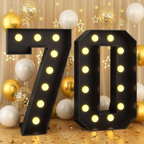 120cm-4ft Number 70 Decor Light Up Number for Birthday, Black Marquee Light Up Mosaic Pre-cut Foam Board Set for Balloons, Warm White Numbers Lamp Sign for Party