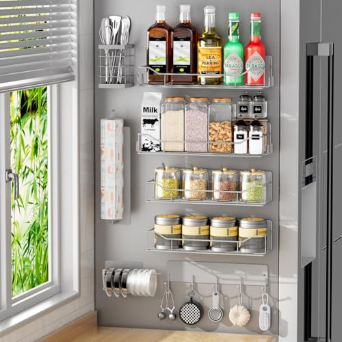 Kmise Magnetisches Gewürzregal für Kühlschrank, 8-Pack magnetisches Kühlschrankregal, beweglicher Gewürzorganizer mit Hakenregal, Papierhandtuchhalter, Utensilienhalter, Becherdeckelhalter, grau